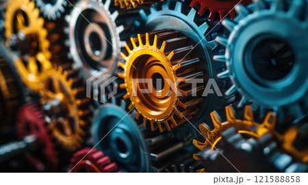 A close up of a bunch of gears with one of them being yellow 121588858