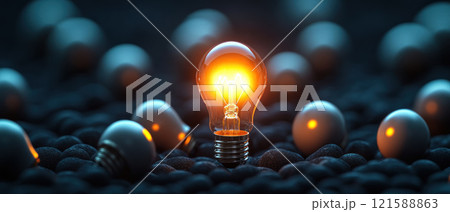 A glowing light bulb stands out among dark spheres, symbolizing creativity and inspiration. 121588863