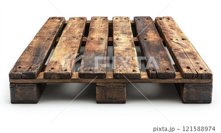 A wooden pallet is shown on a white background A wooden pallet is shown on a white background 121588974