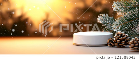 serene winter scene featuring white podium, pinecones, and frosted greenery 121589043