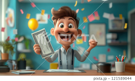 Happy employee celebrating with paycheck in colorful office setting. joyful expression and festive atmosphere highlight moment of success. 121589044