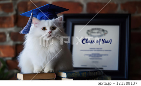 fluffy white cat in blue graduation cap sits on books with Class of Year certificate in background, exuding proud and scholarly vibe 121589137