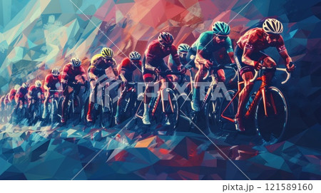 A group of cyclists are racing on a course with abstract background 121589160