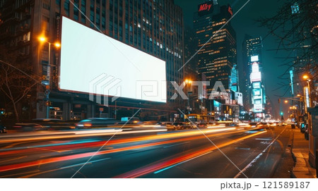 A city street at night with a large billboard in the background 121589187