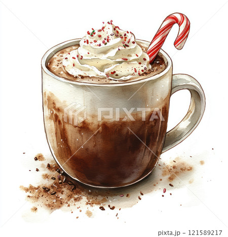 Watercolor steaming mug of hot chocolate topped with whipped cream and candy cane, perfect for cozy moments. Enjoy festive flavors and warmth 121589217