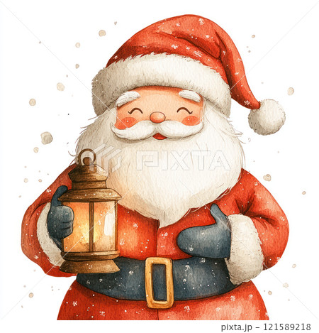 Watercolor Smiling Santa Claus holding lantern, wearing red suit with white fur, surrounded by snowflakes, radiating warmth and joy during festive season 121589218