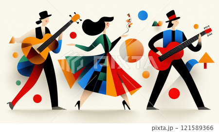 Joyful musicians performing with colorful instruments and vibrant shapes 121589366