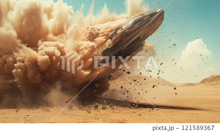 Epic Wide Shot of Spaceship Crashing into Desert with Massive Sand Explosion Concept Intense Cinematic Action 121589367