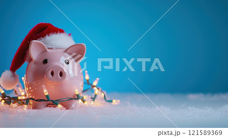 festive piggy bank adorned with Christmas lights and Santa hat 121589369