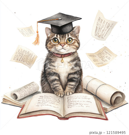 Clever tabby cat with graduation cap surrounded by open books and rolled certificates, playful and scholarly in clipart style Clever tabby cat with graduation cap surrounded by open books and rolled certificates, playful and scholarly in clipart style 121589495