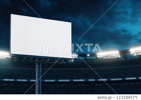 blank billboard stands illuminated in front of stadium, ready for announcements 121589575