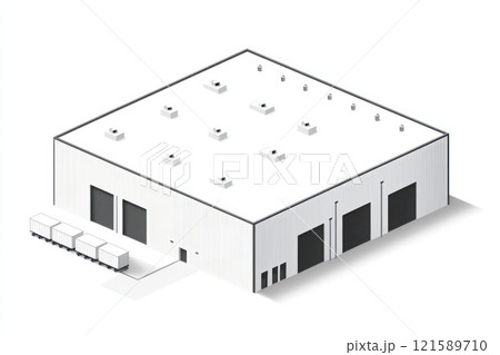 Modern industrial storage warehouse with flat roof and loading docks 121589710