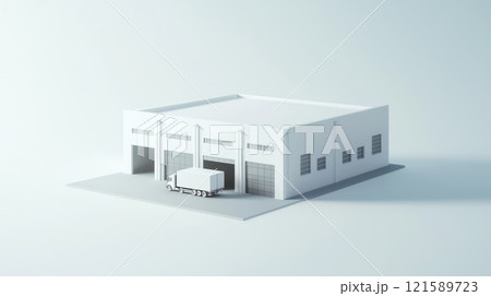 Modern industrial warehouse with delivery truck parked outside, showcasing clean lines and minimalist design 121589723