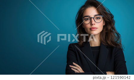 Confident businesswoman in sharp suit with glasses, exuding professionalism and strength 121590142