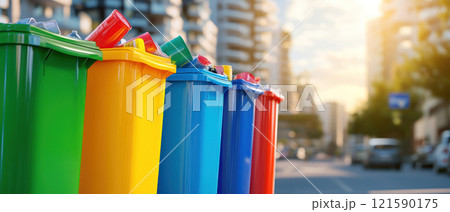 Colorful recycling bins in busy urban area promote cleanliness and sustainability 121590175