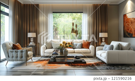 Modern Living Room with Muted Color Furniture and Decor Concept Vibrant Centerpiece on Coffee Table as Focal Point 121590216