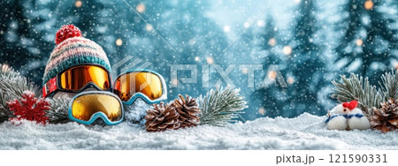 A pair of sunglasses and a hat are on the snow 121590331