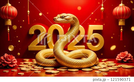 A golden snake on the 2025 backdrop with coins and a red background symbolizes luck and prosperity for the Chinese New Year. The vibrant design is perfect for cards, ads, and festive materials. High A golden snake on the 2025 backdrop with coins and a red background symbolizes luck and prosperity for the Chinese New Year. The vibrant design is perfect for cards, ads, and festive materials. High 121590371