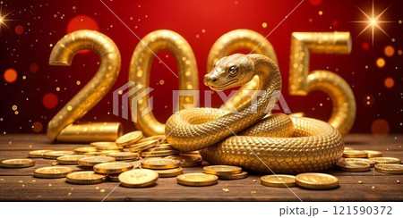 A golden snake on the 2025 backdrop with coins and a red background symbolizes luck and prosperity for the Chinese New Year. The vibrant design is perfect for cards, ads, and festive materials. High 121590372