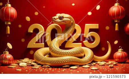 A golden snake on the 2025 backdrop with coins and a red background symbolizes luck and prosperity for the Chinese New Year. The vibrant design is perfect for cards, ads, and festive materials. High 121590373