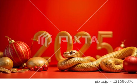 A golden snake on the 2025 backdrop with coins and a red background symbolizes luck and prosperity for the Chinese New Year. The vibrant design is perfect for cards, ads, and festive materials. High A golden snake on the 2025 backdrop with coins and a red background symbolizes luck and prosperity for the Chinese New Year. The vibrant design is perfect for cards, ads, and festive materials. High 121590376