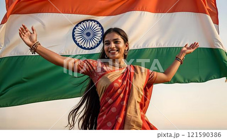 Web Banner India independence day isolated Beautiful young Indian woman against the flag of India copy space. . High quality ai generated  121590386
