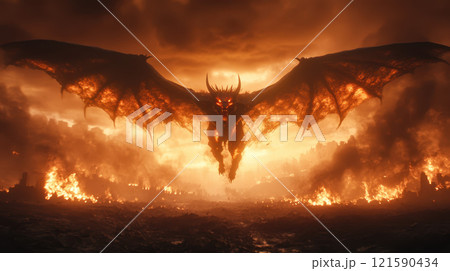 fiery demon with molten scales and sharp claws flies above flames fiery demon with molten scales and sharp claws flies above flames 121590434