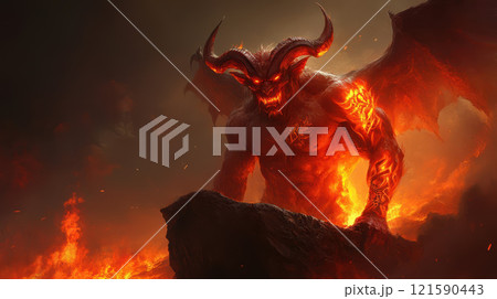 fiery demon with jagged horns and glowing tattoos 121590443
