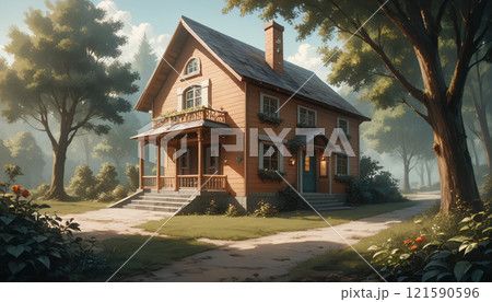 夕日に照らされる別荘 121590596