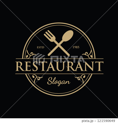 Vintage Retro Ornament Design with Typography Logo of Restaurant, complete with Simple yet Elegant Spoon and Fork Vector Lines Dark Background Vector Illustration 121590649