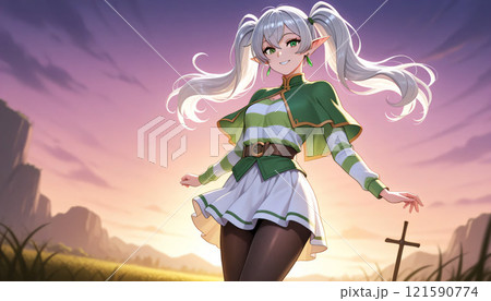夕焼けの中、ライトを点けて山沿いを走る少女 121590774