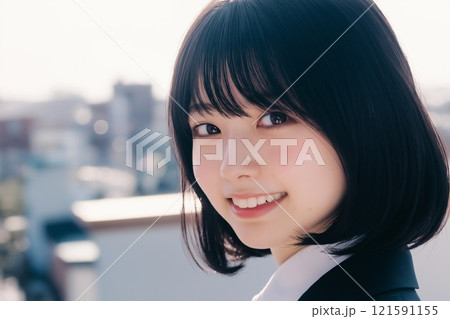 カメラ目線で微笑む女性 121591155