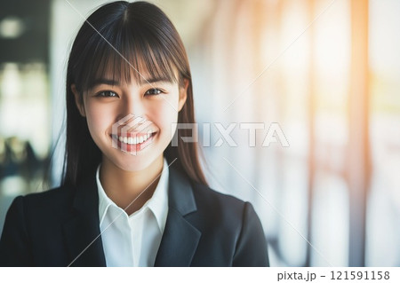 カメラ目線で微笑む女性 121591158