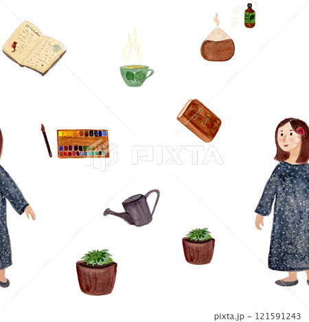 Favorite things: a book, essential oil diffuser, tea, flowers, flower pot and a journal seamless pattern isolated on white. Watercolor sketch illustrations great for textile, wrapping paper, notebook Favorite things: a book, essential oil diffuser, tea, flowers, flower pot and a journal seamless pattern isolated on white. Watercolor sketch illustrations great for textile, wrapping paper, notebook 121591243