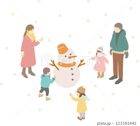 アイソメトリック　冬　雪　遊び　家族　ファミリー　キッズ　人物　男性　女性　子供　イラスト素材 121591442