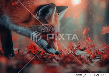 A curious red fox peers through vibrant autumn leaves, surrounded by the rich colors of fall A curious red fox peers through vibrant autumn leaves, surrounded by the rich colors of fall 121591647