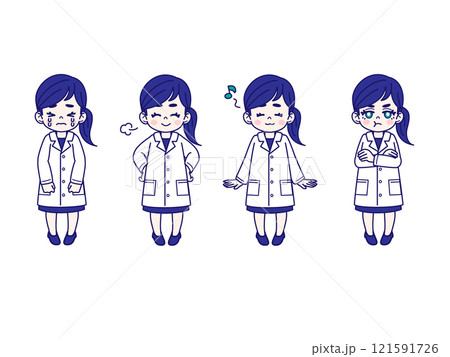 白衣の女性のコミカルな表情ポーズセット 121591726