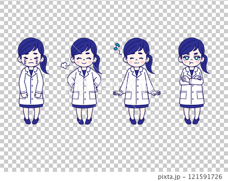 Comical facial expression pose set of a woman in a white coat Comical facial expression pose set of a woman in a white coat 121591726