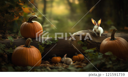 Rabbits play among pumpkins in a serene forest during autumn Newborn backdrop 121591739