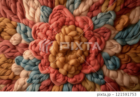 Vibrant knitted flower design showcasing intricate craftsmanship and colorful yarn textures Newborn backdrop 121591753