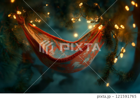 Cozy hammock decorated with lights hangs between branches in a serene night setting Newborn backdrop Cozy hammock decorated with lights hangs between branches in a serene night setting Newborn backdrop 121591765