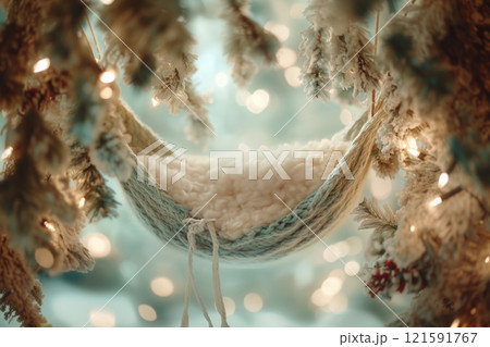 Cozy hammock suspended among fluffy tree branches with warm lights in the background Newborn backdrop 121591767