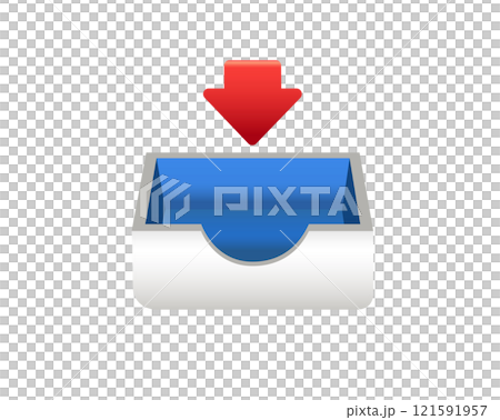 Mail, document paper tray icon with red down arrow for email inbox 121591957