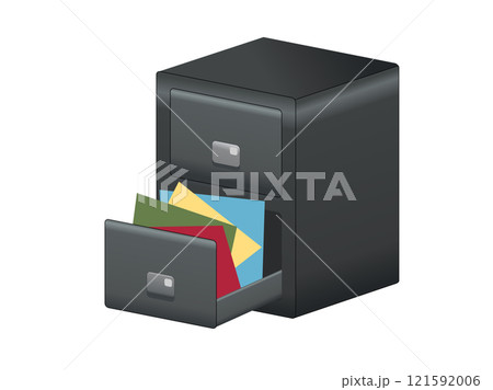 Office grey metal file cabinet icon with two drawers, handles and label holders 121592006