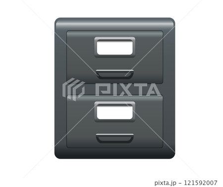 Office grey metal file cabinet icon with two drawers, handles and label holders 121592007