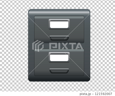 Office grey metal file cabinet icon with two drawers, handles and label holders 121592007