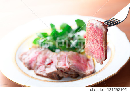 カットしてお皿に盛り付けたローストビーフ カットしてお皿に盛り付けたローストビーフ 121592105