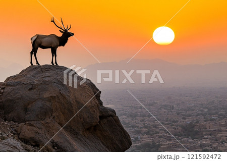 An elk with impressive antlers is silhouetted by the golden sunset as it stands tall on a ridge 121592472
