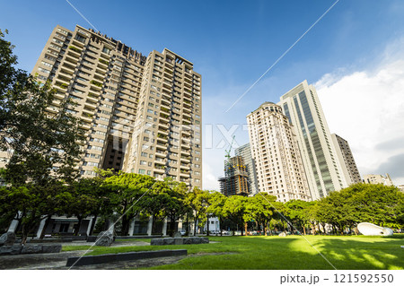 Low-angle view of the modern architectural landscape in Taichung Taiwan. here is near the National Taichung Theater. 121592550