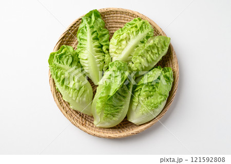Baby cos lettuce romaine in basket on white background, Fresh vegetable Baby cos lettuce romaine in basket on white background, Fresh vegetable 121592808